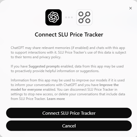 The Connect SLU Price Tracker dialog explaining what ChatGPT may share with the app, with Connect SLU Price Tracker and Cancel buttons.
