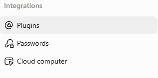 The Integrations section of ChatGPT settings, with Plugins highlighted.