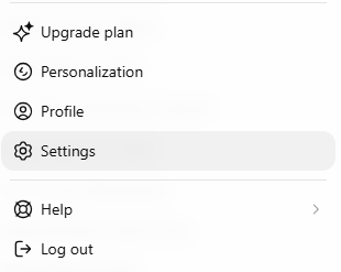 ChatGPT profile menu with Upgrade plan, Personalization, Profile, Settings, Help and Log out. Settings is highlighted.